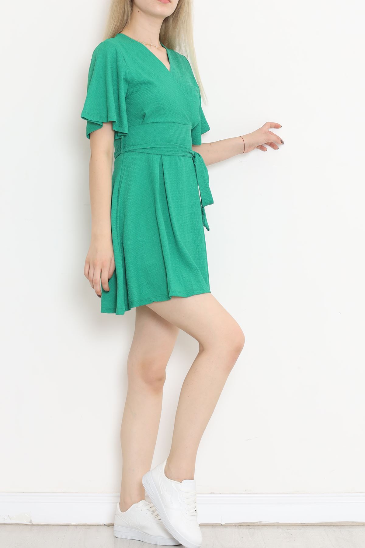 CLZ275 Fermuarlı Kuşaklı Elbise Yeşil