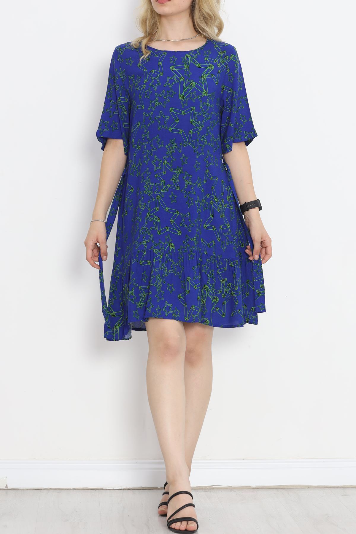 CLZ275 Desenli Kuşaklı Elbise Maviyeşil
