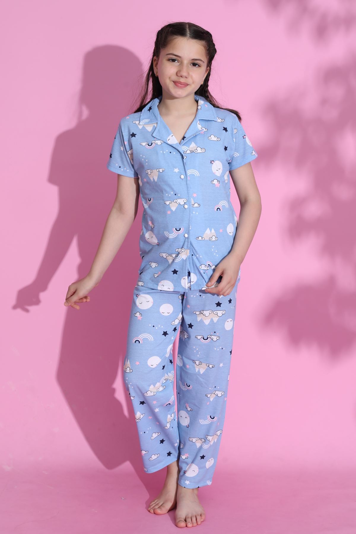 CLZ275 4-13 Yaş Çocuk Pijama Takımı Mavibeyaz