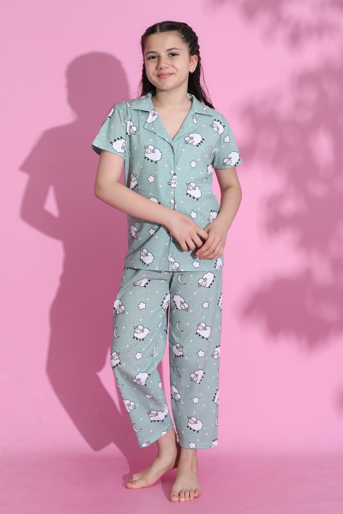 CLZ275 4-13 Yaş Çocuk Pijama Takımı Açıkyeşil