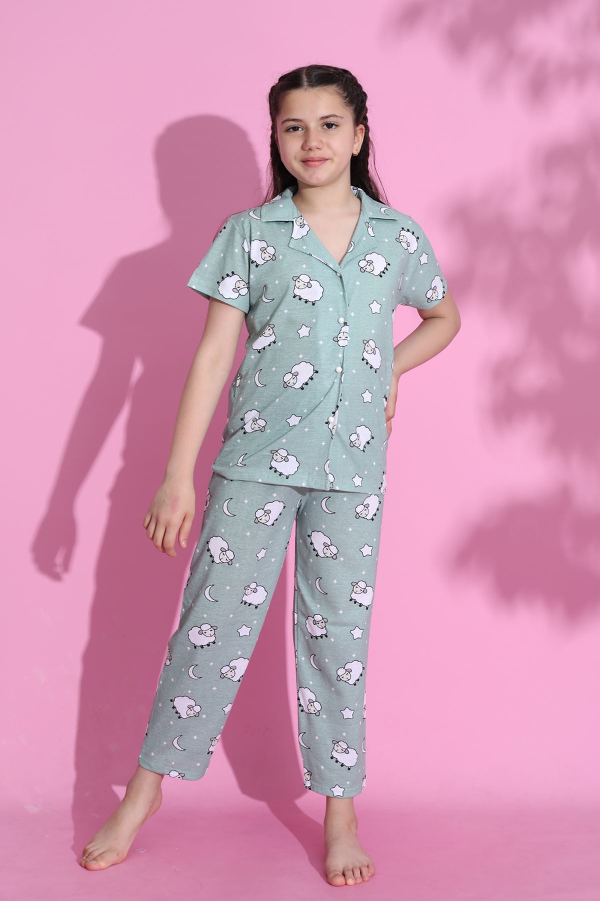 CLZ275 4-13 Yaş Çocuk Pijama Takımı Açıkyeşil