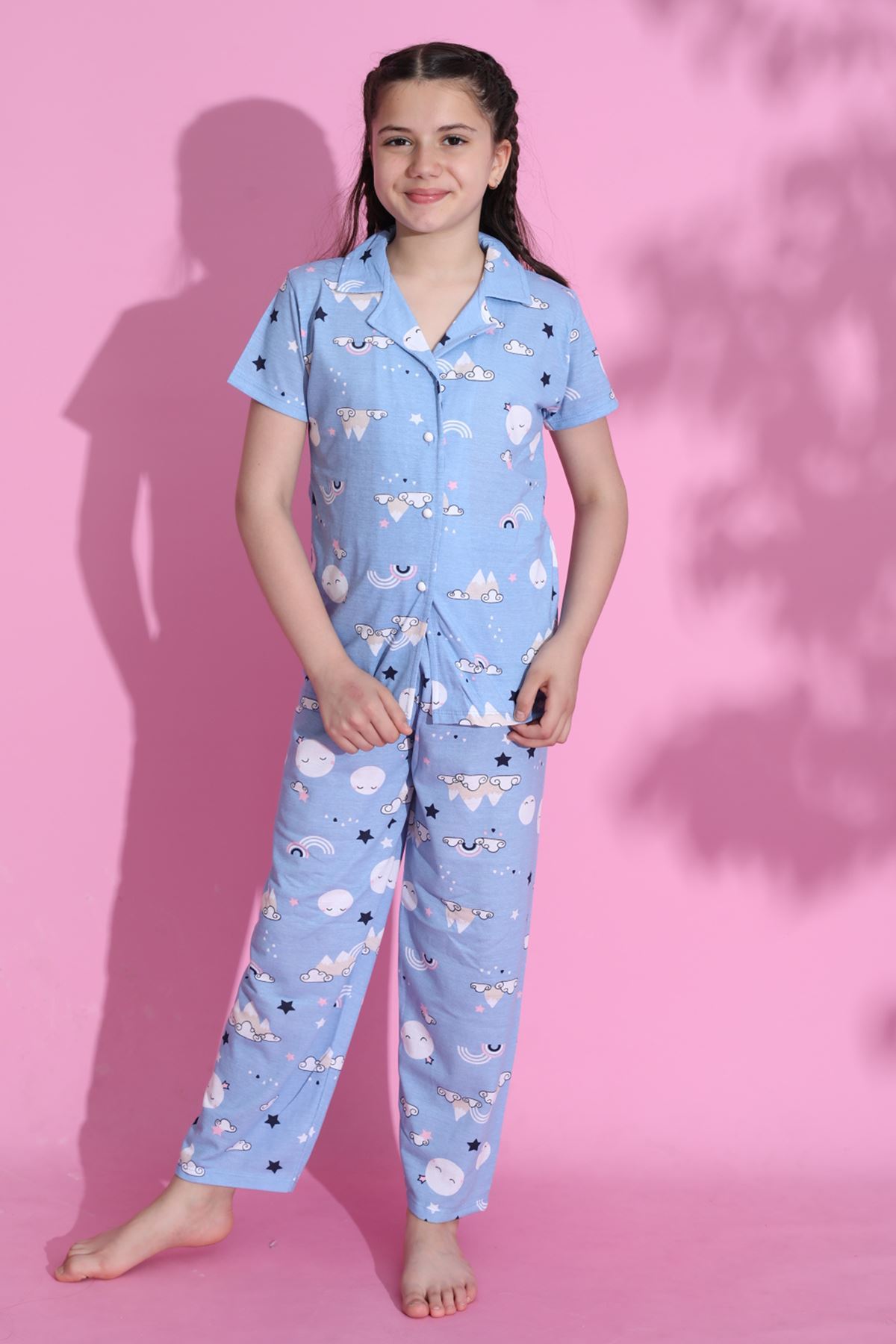 CLZ275 4-13 Yaş Çocuk Pijama Takımı Mavibeyaz