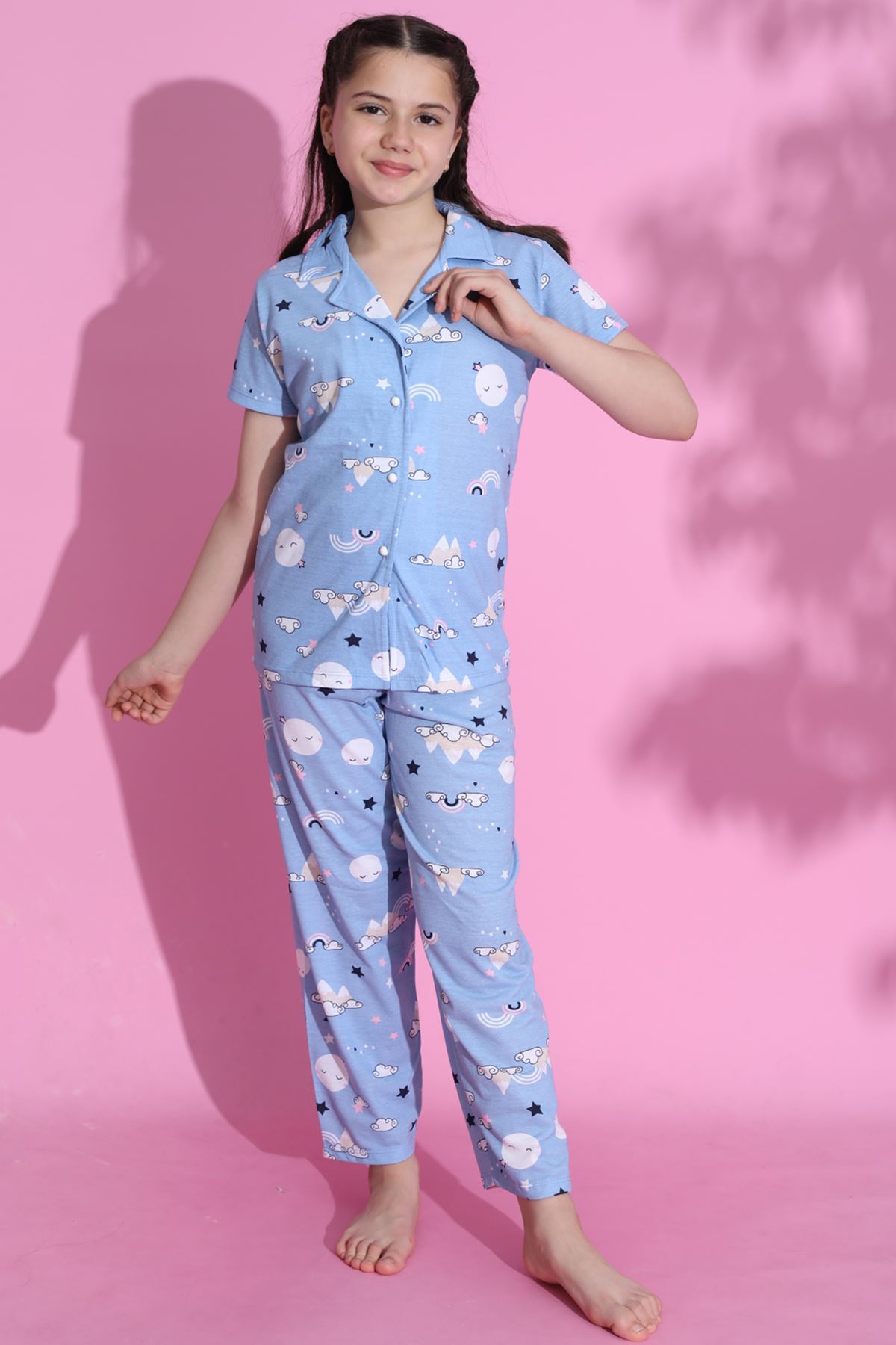 CLZ275 4-13 Yaş Çocuk Pijama Takımı Mavibeyaz