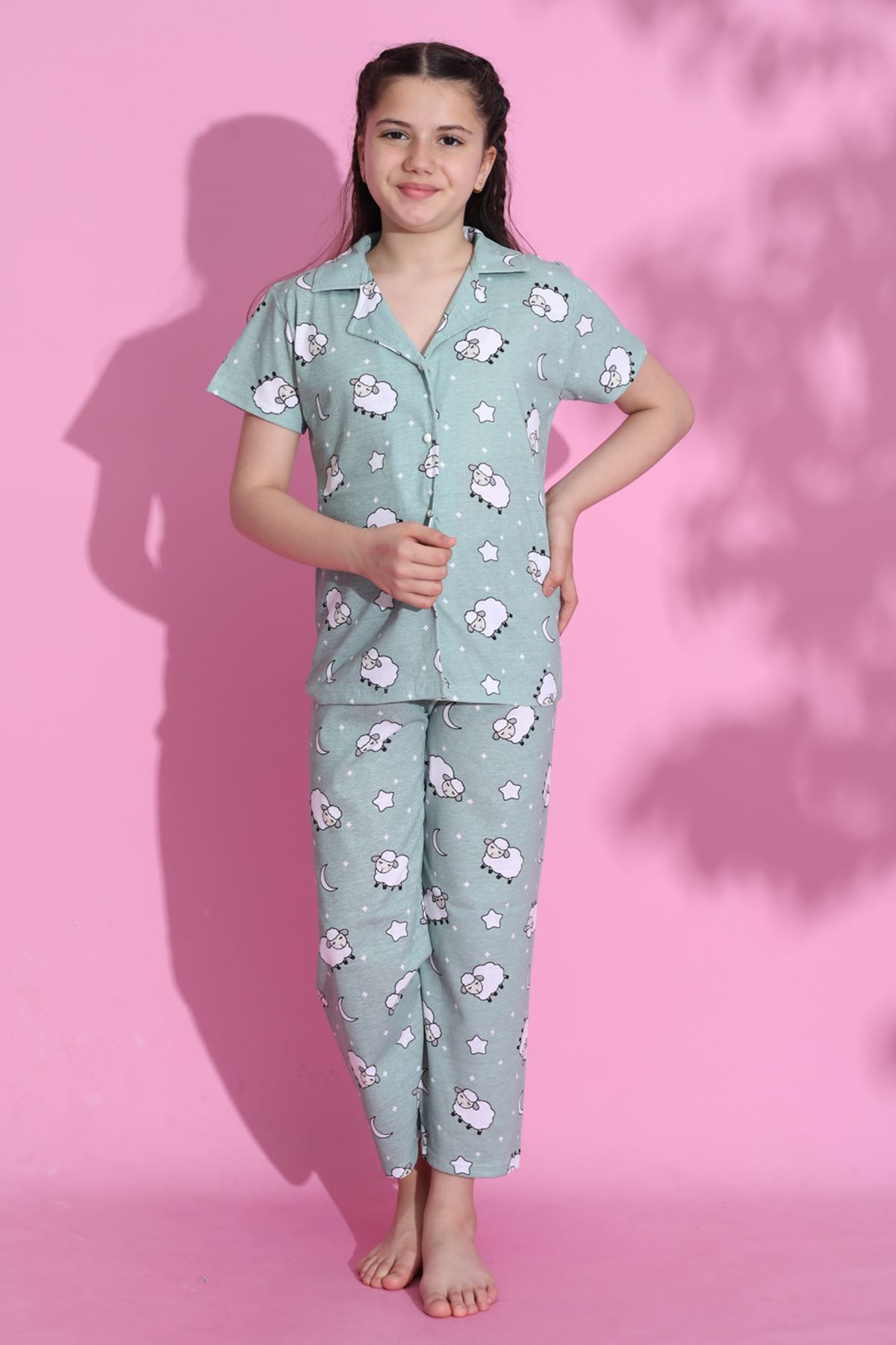 CLZ275 4-13 Yaş Çocuk Pijama Takımı Açıkyeşil