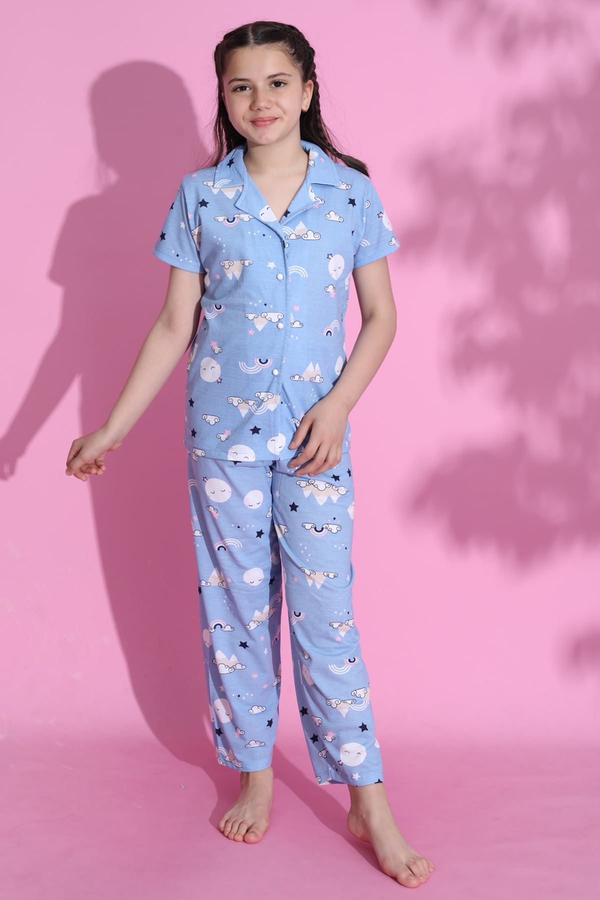 CLZ275 4-13 Yaş Çocuk Pijama Takımı Mavibeyaz