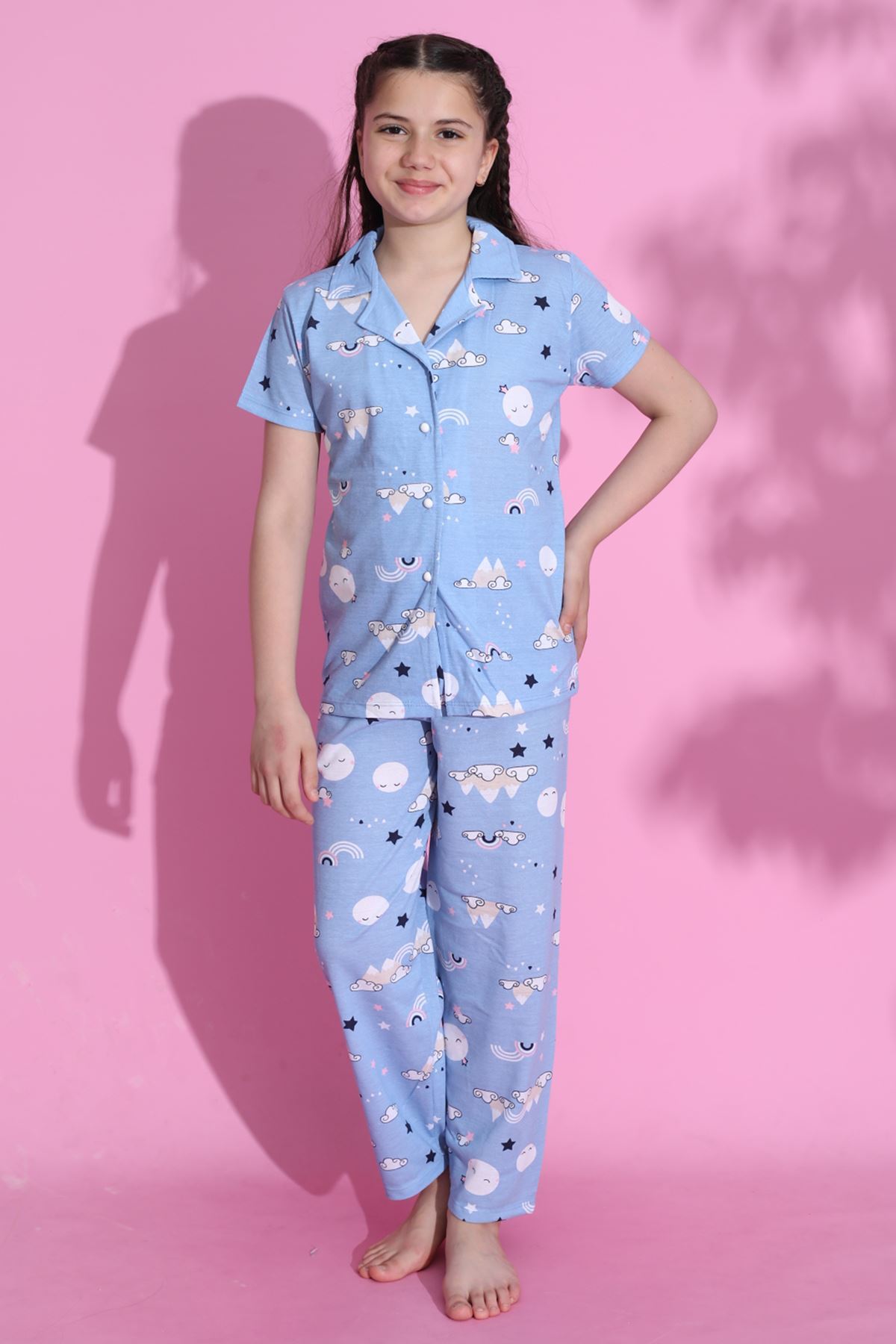 CLZ275 4-13 Yaş Çocuk Pijama Takımı Mavibeyaz