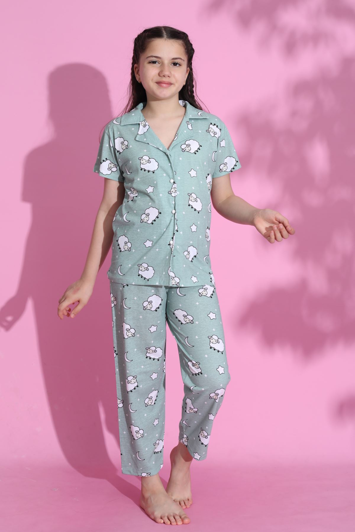 CLZ275 4-13 Yaş Çocuk Pijama Takımı Açıkyeşil