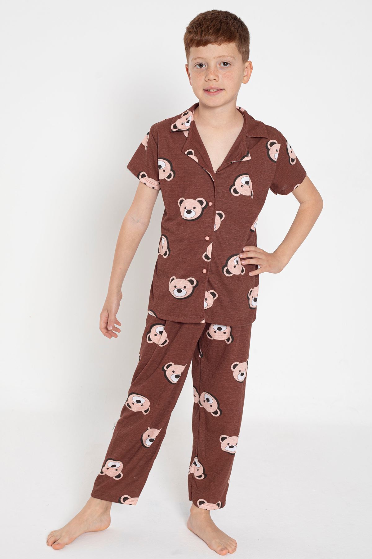 CLZ275 4-13 Yaş Çocuk Pijama Takımı Kahverengi