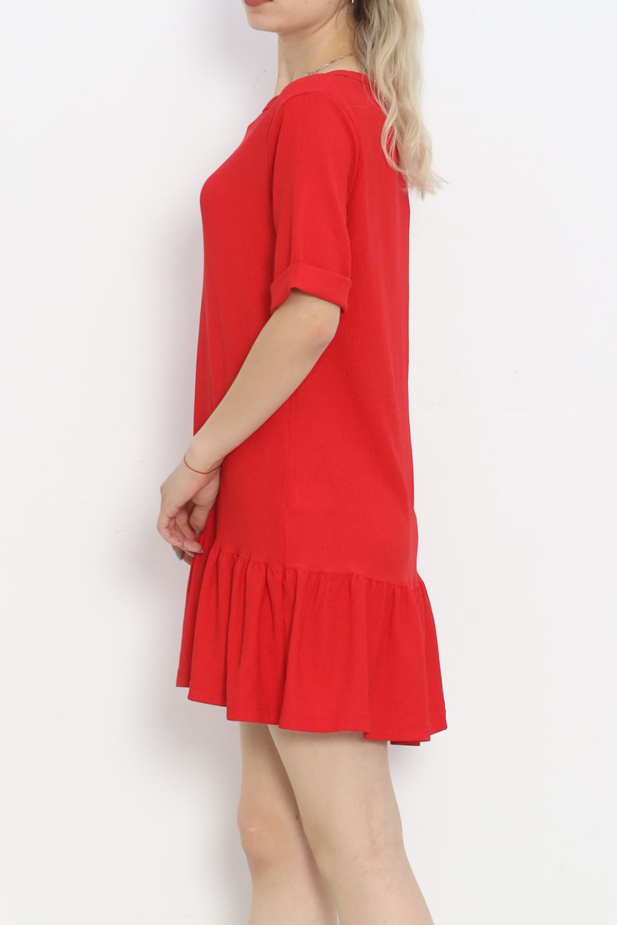 CLZ275 Kısa Kol Bürümcük Elbise Kırmızı