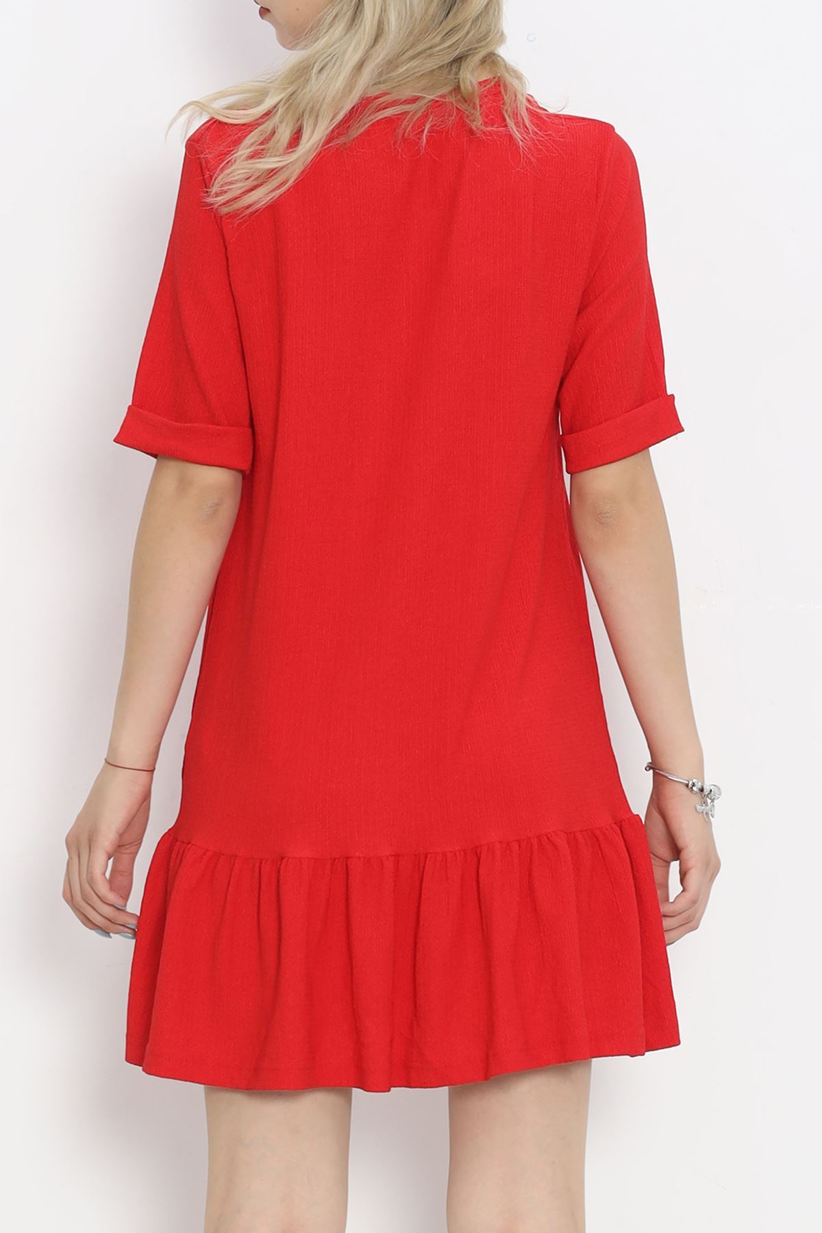 CLZ275 Kısa Kol Bürümcük Elbise Kırmızı