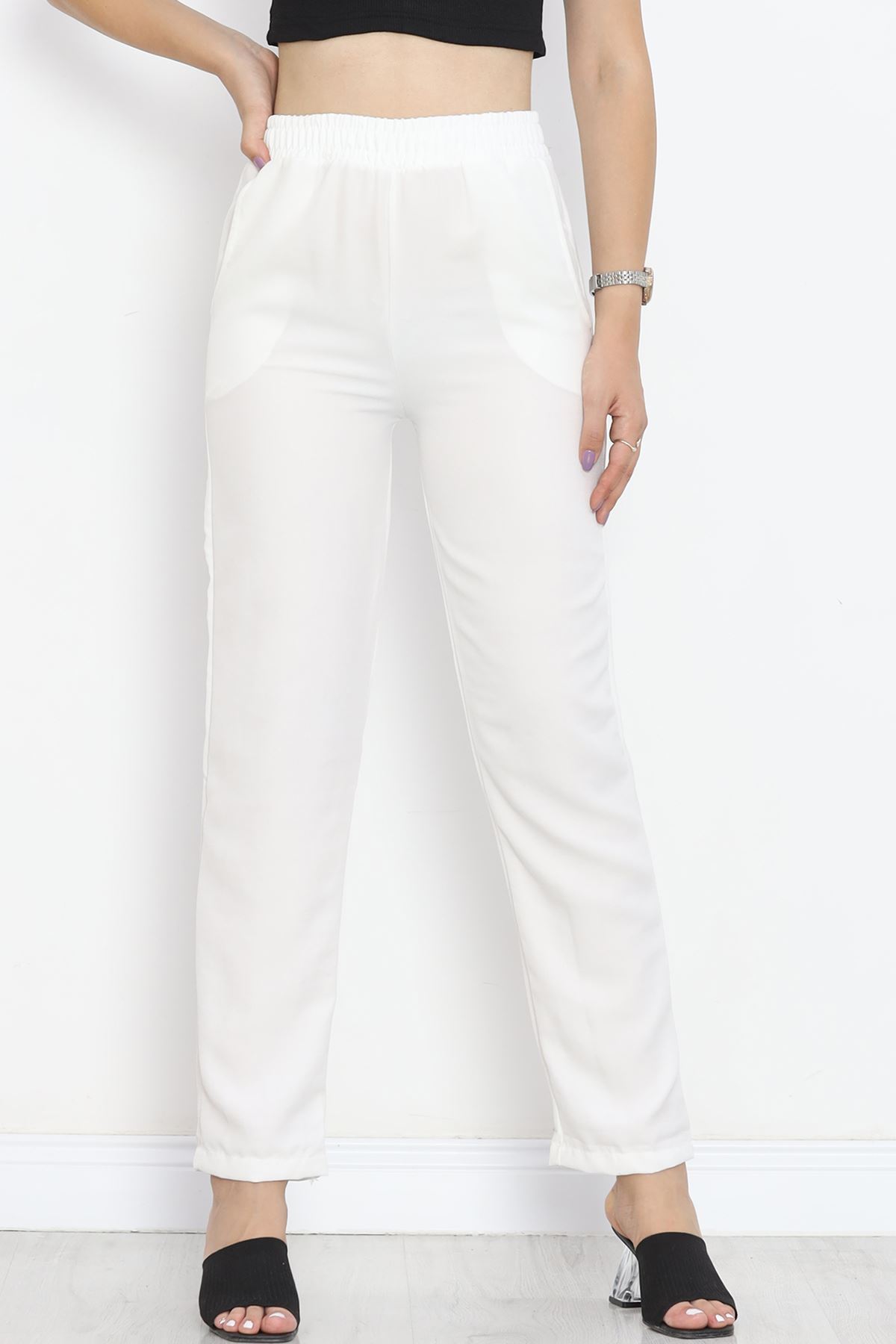 CLZ275 Beli Lastikli Keten Pantolon Beyaz