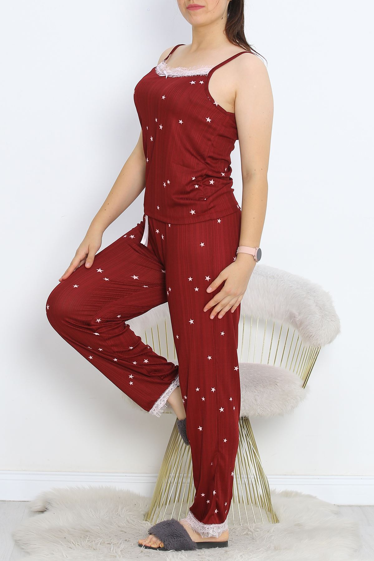 CLZ275 İp Askılı Battal Pijama Takımı Ekrubordo