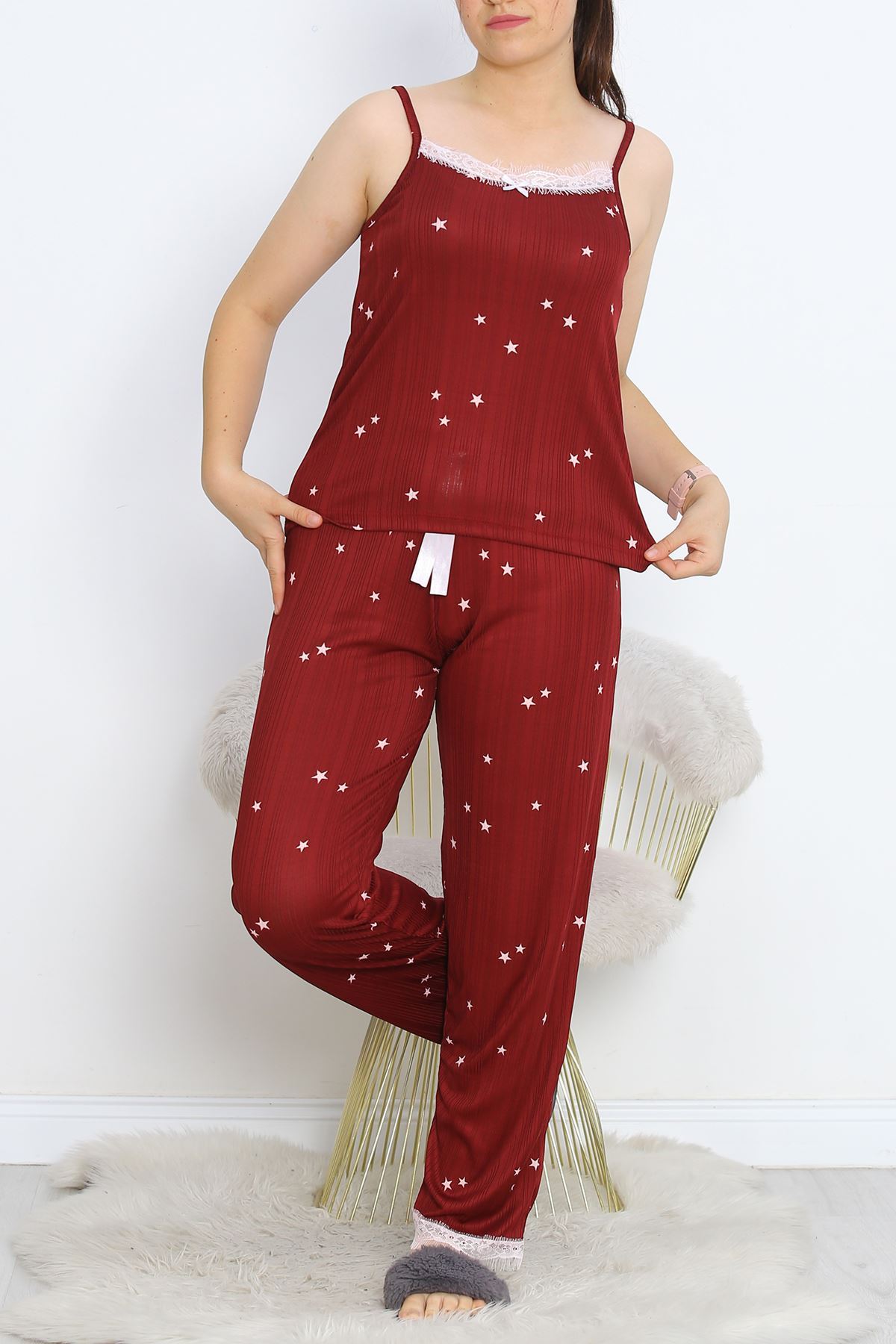 CLZ275 İp Askılı Battal Pijama Takımı Ekrubordo