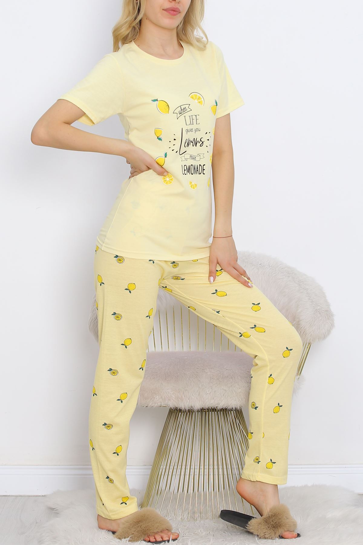 Desenli Pijama Takımı Limonsarı