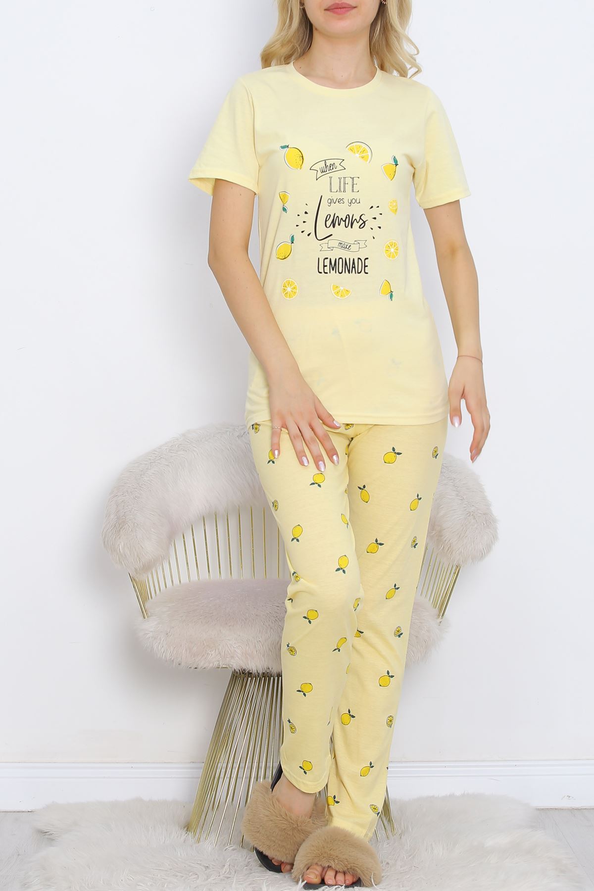 Desenli Pijama Takımı Limonsarı