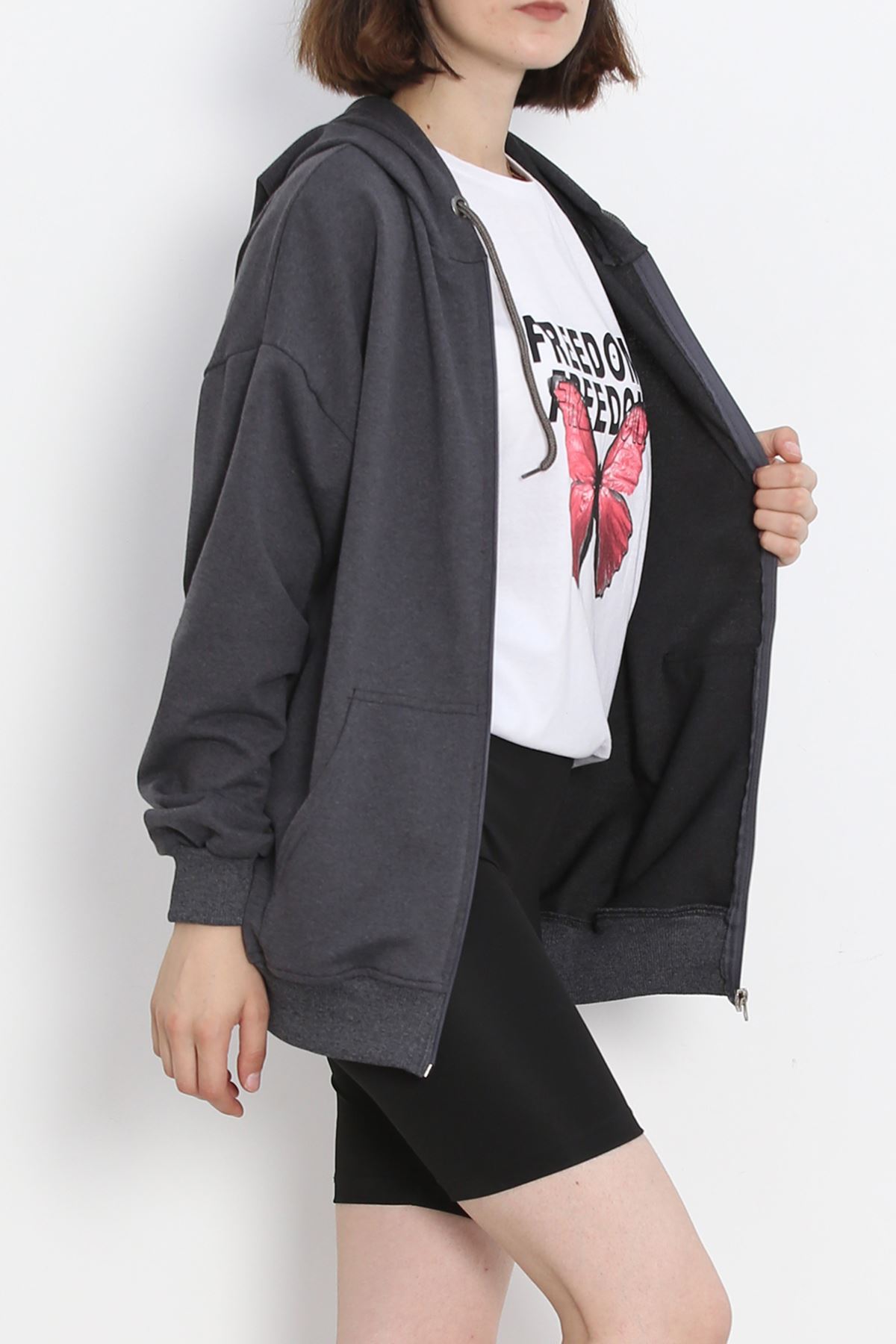 Kapşonlu Oversize Sweat Füme