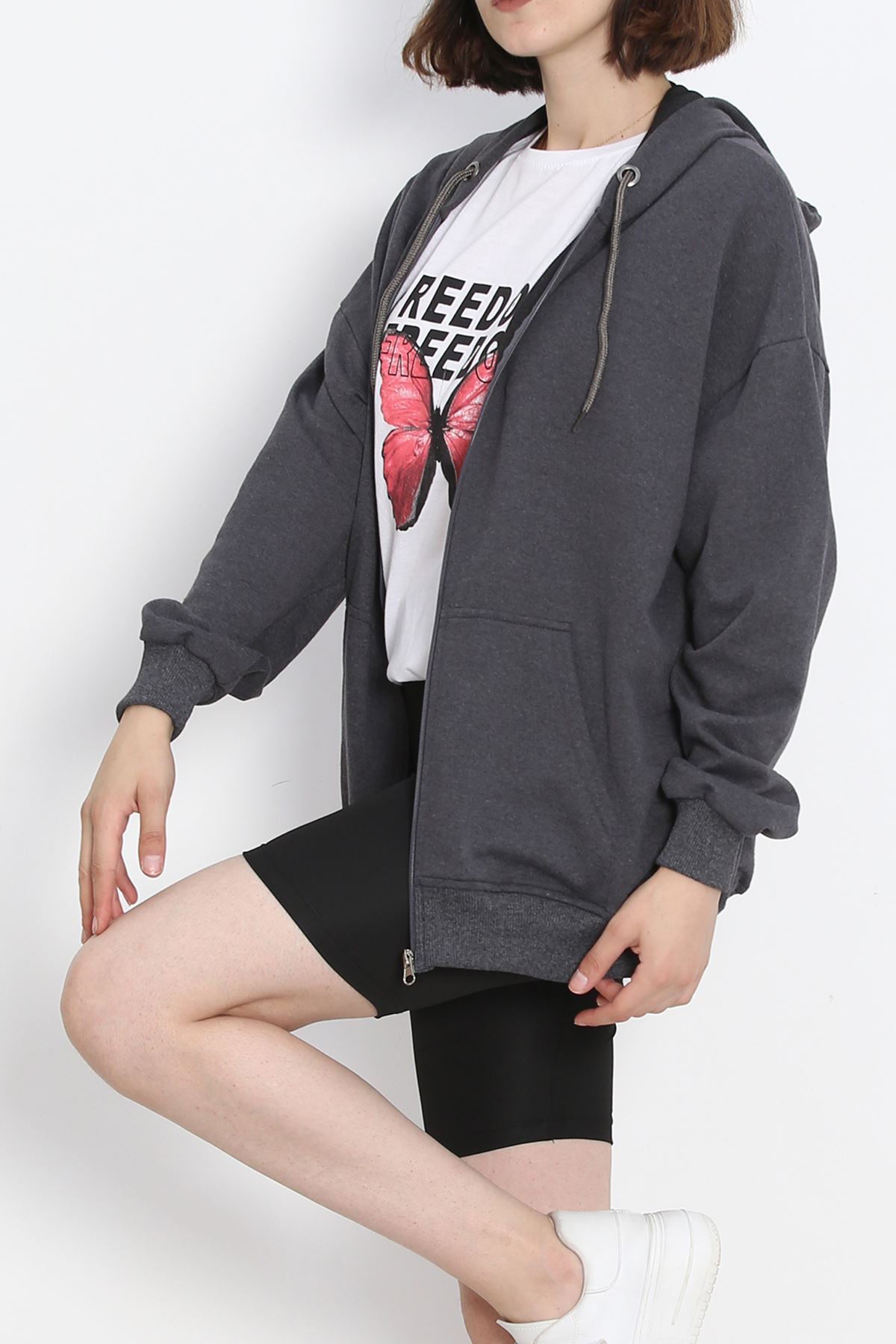 Kapşonlu Oversize Sweat Füme