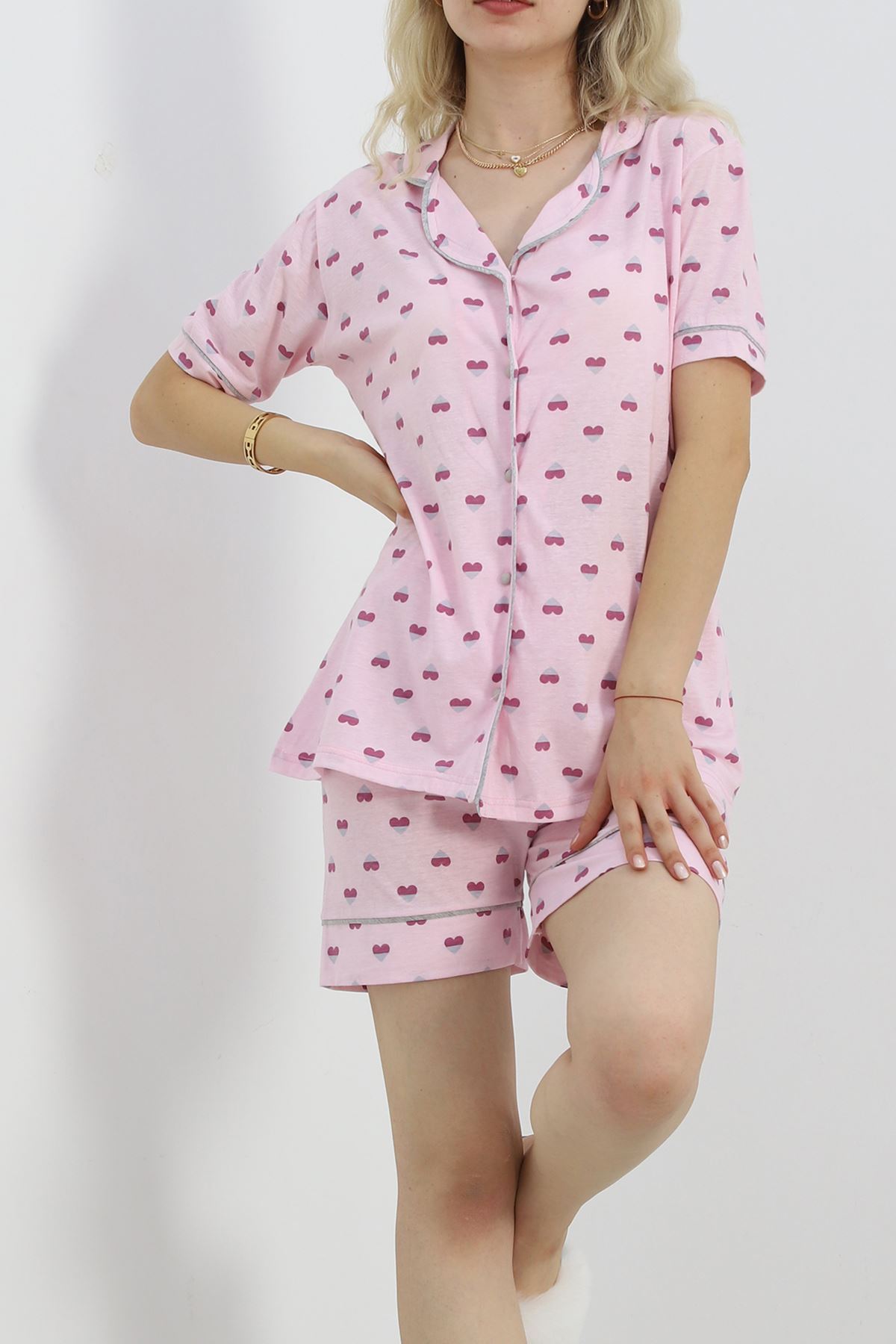 Düğmeli Şortlu Pijama Takımı Pembe