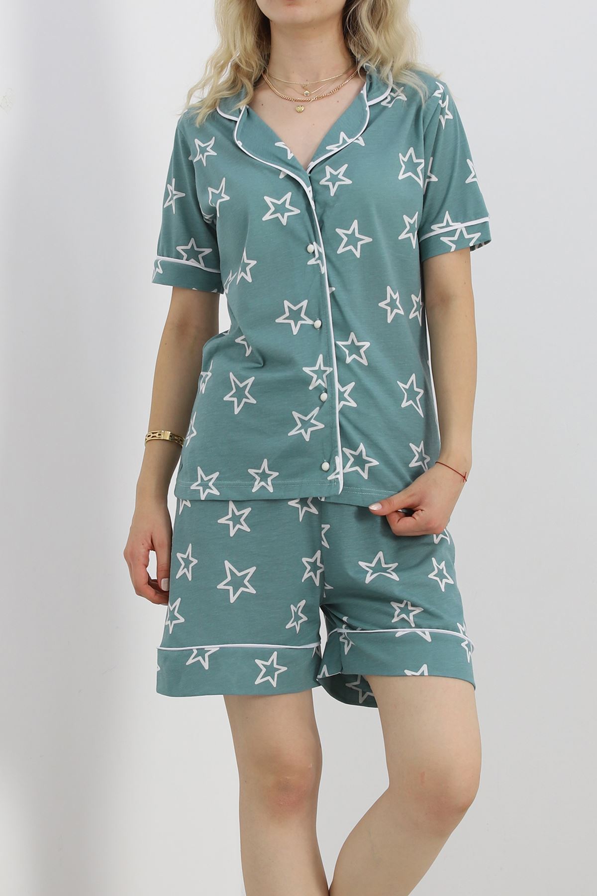 Düğmeli Şortlu Pijama Takımı Mint1