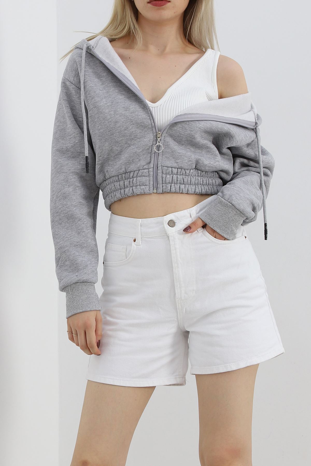 Şardonlu Crop Sweat Gri