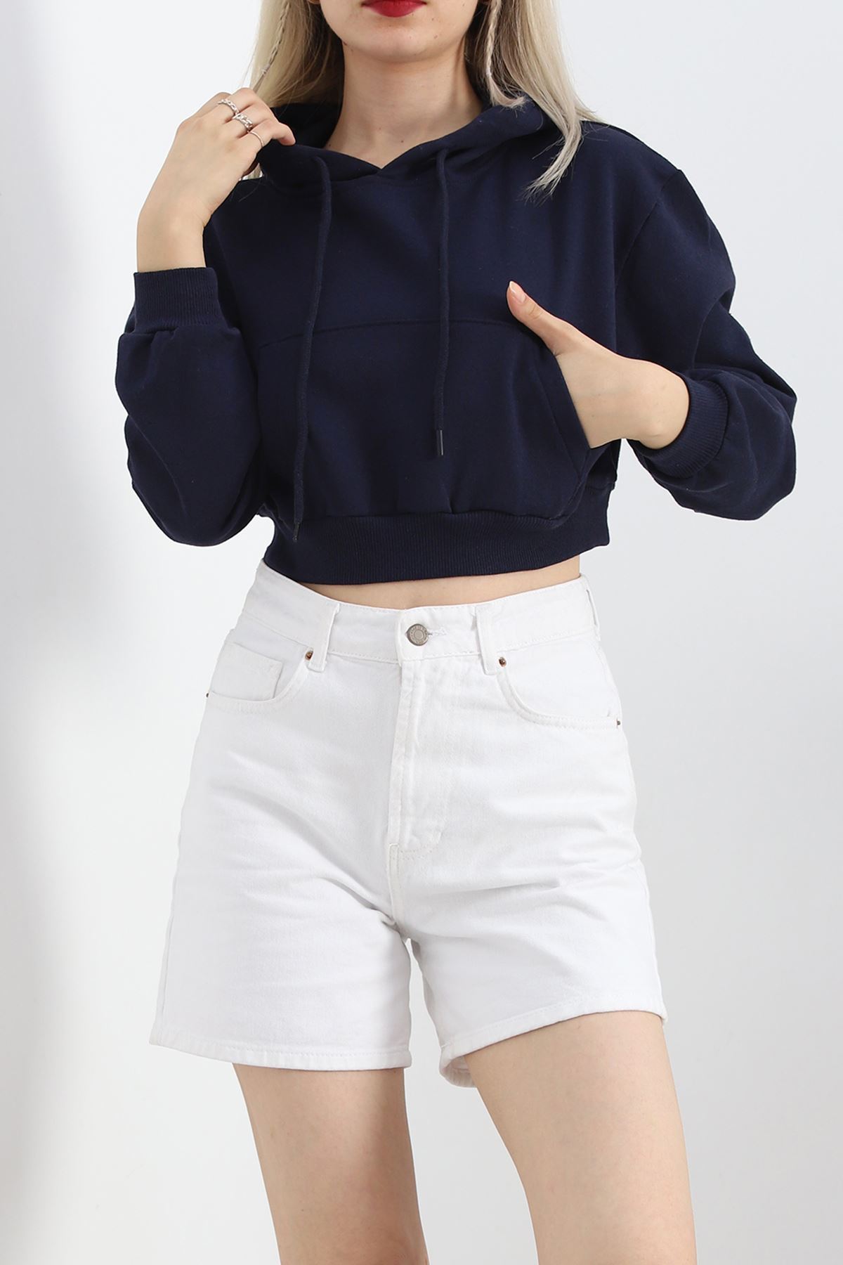 Şardonlu Oversize Crop Sweat Lacivert