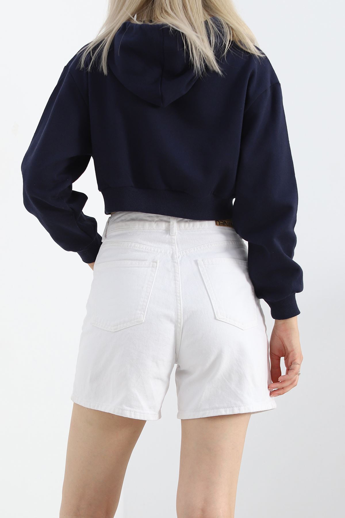 Şardonlu Oversize Crop Sweat Lacivert