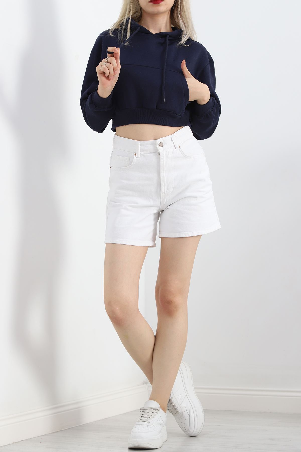 Şardonlu Oversize Crop Sweat Lacivert