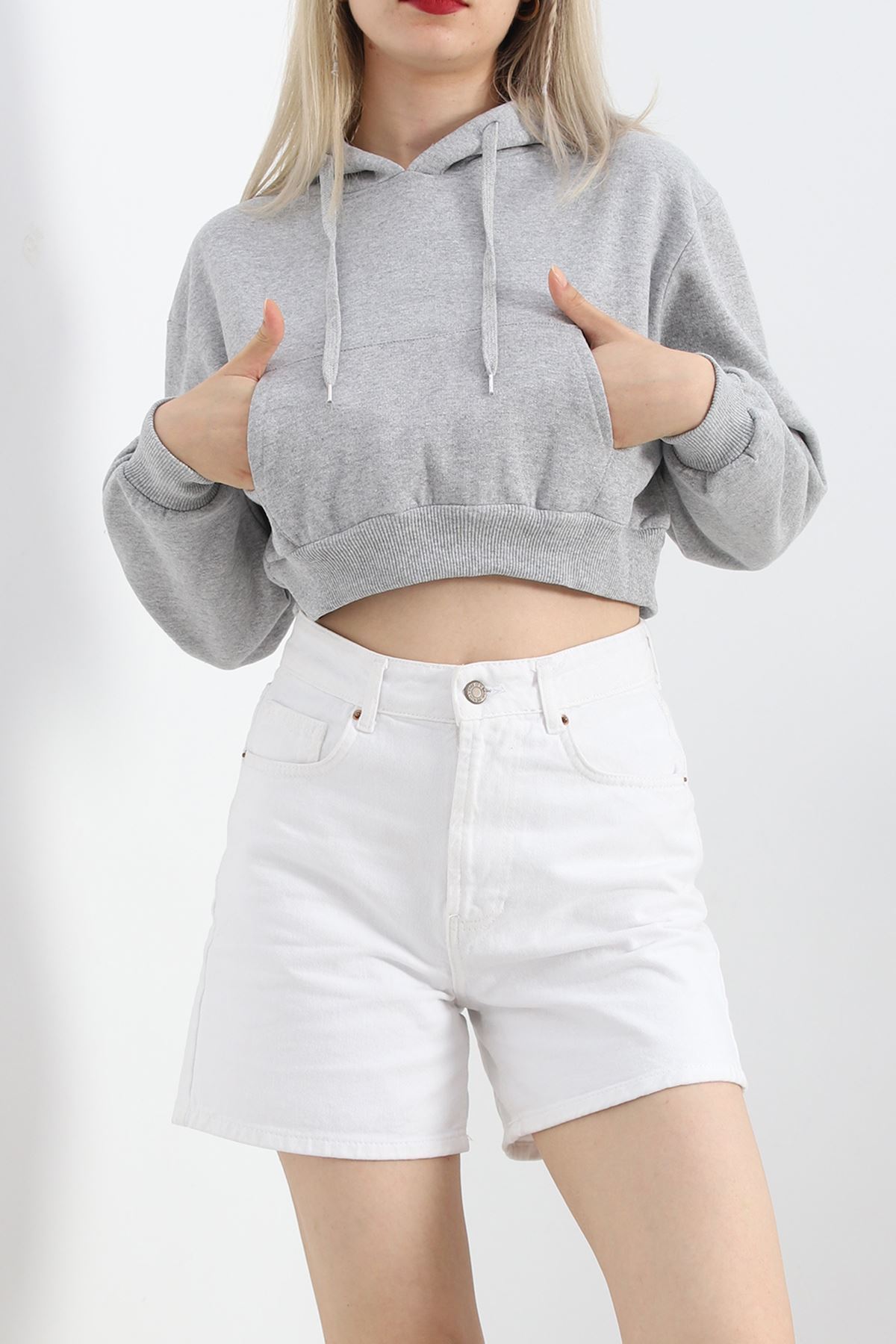 Şardonlu Oversize Crop Sweat Gri