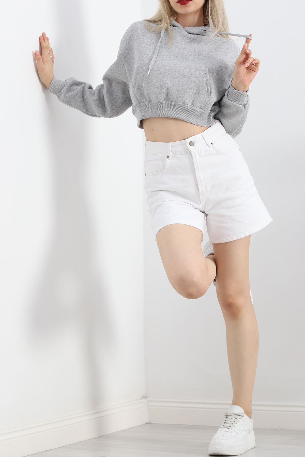 Şardonlu Oversize Crop Sweat Gri