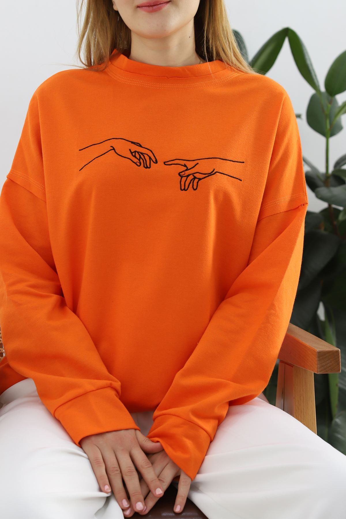 Nakışlı İki İplik Tunik Sweat Oranj