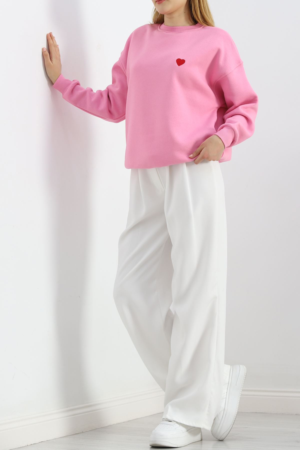 Kalp Nakışlı Şardonlu Oversize Sweat Pembe