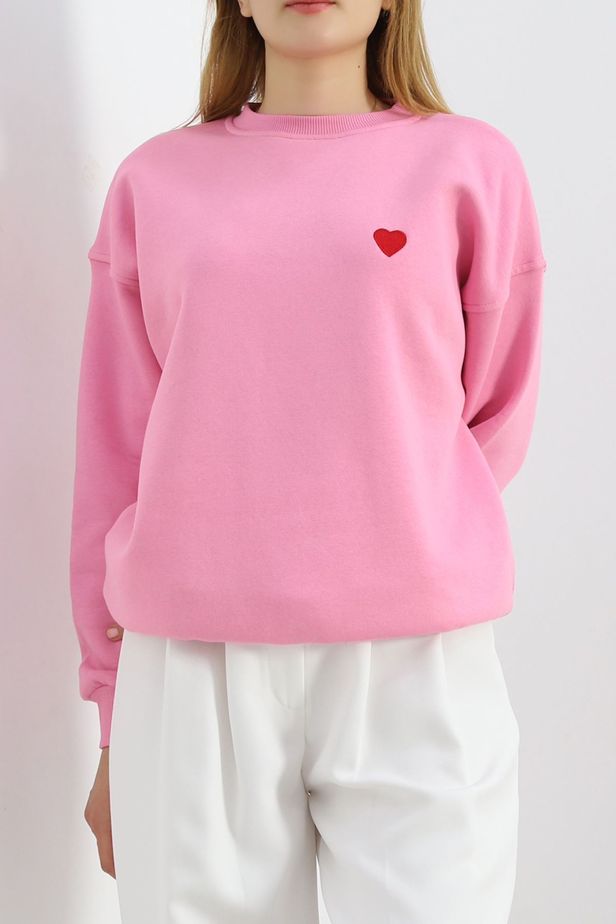 Kalp Nakışlı Şardonlu Oversize Sweat Pembe