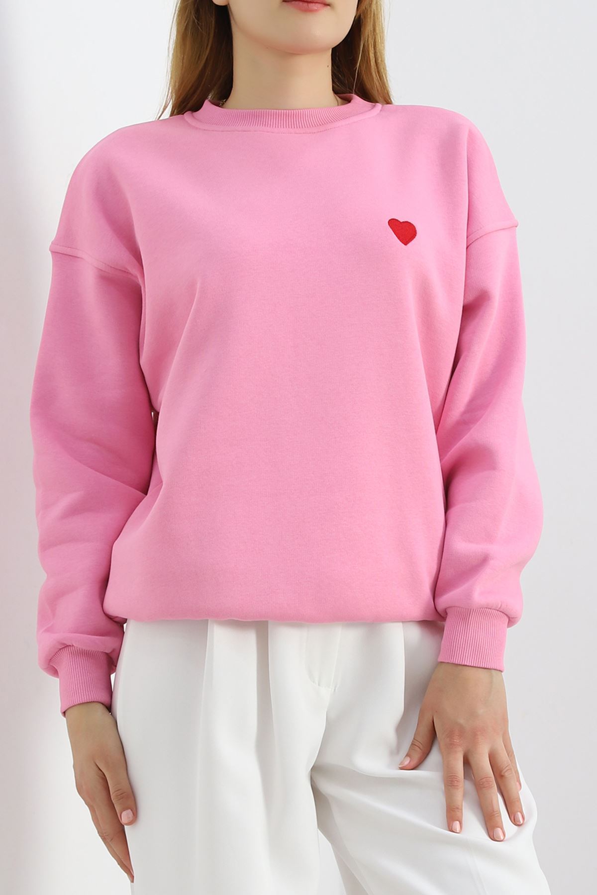 Kalp Nakışlı Şardonlu Oversize Sweat Pembe