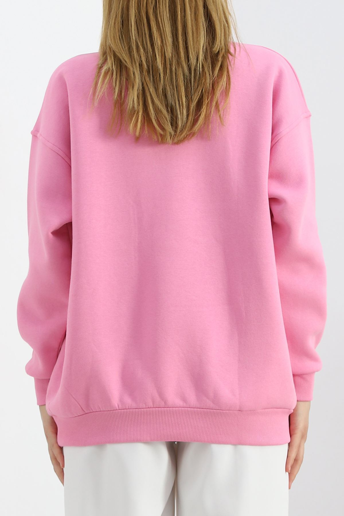 Kalp Nakışlı Şardonlu Oversize Sweat Pembe