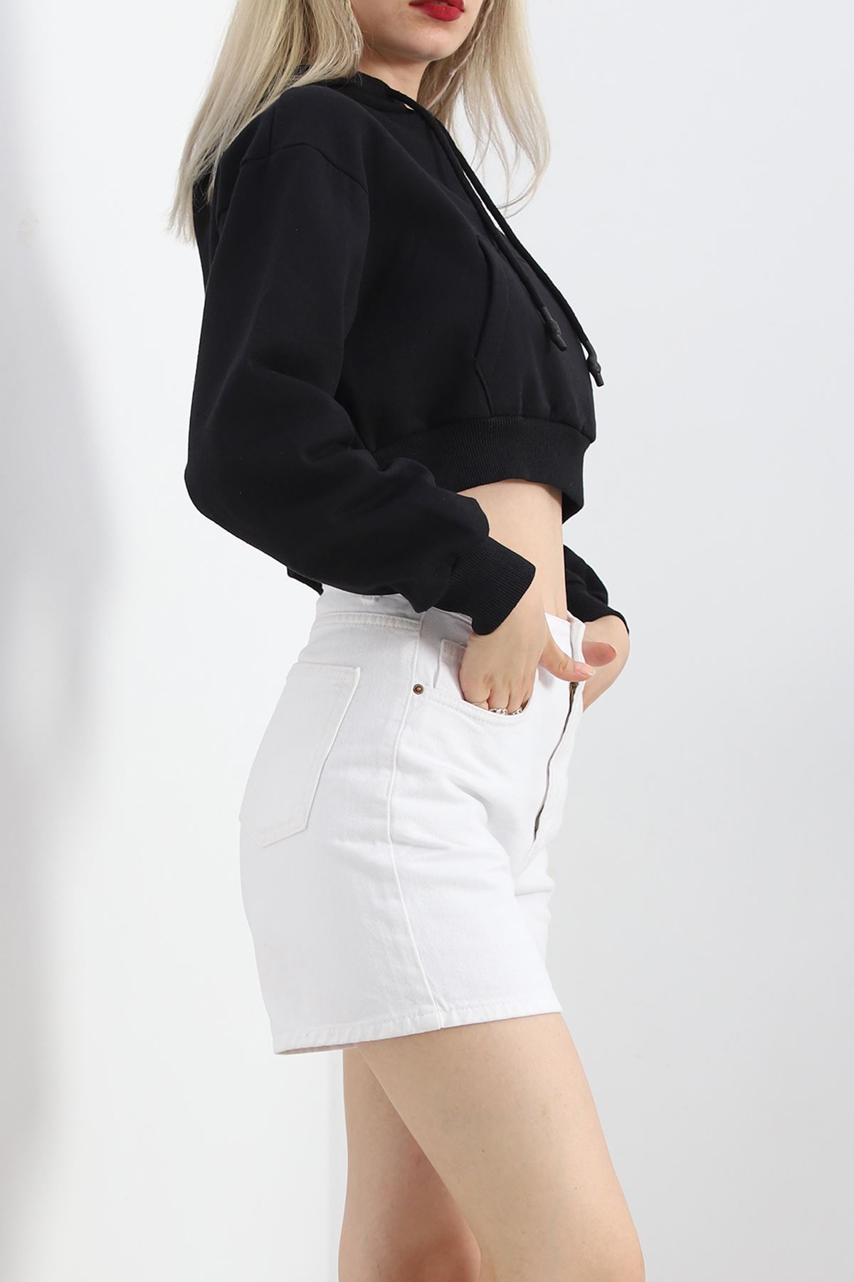 Şardonlu Oversize Crop Sweat Siyah