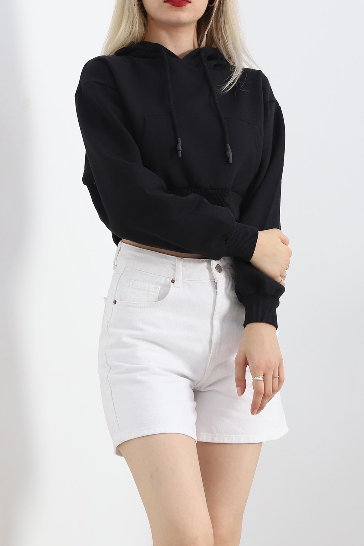 Şardonlu Oversize Crop Sweat Siyah