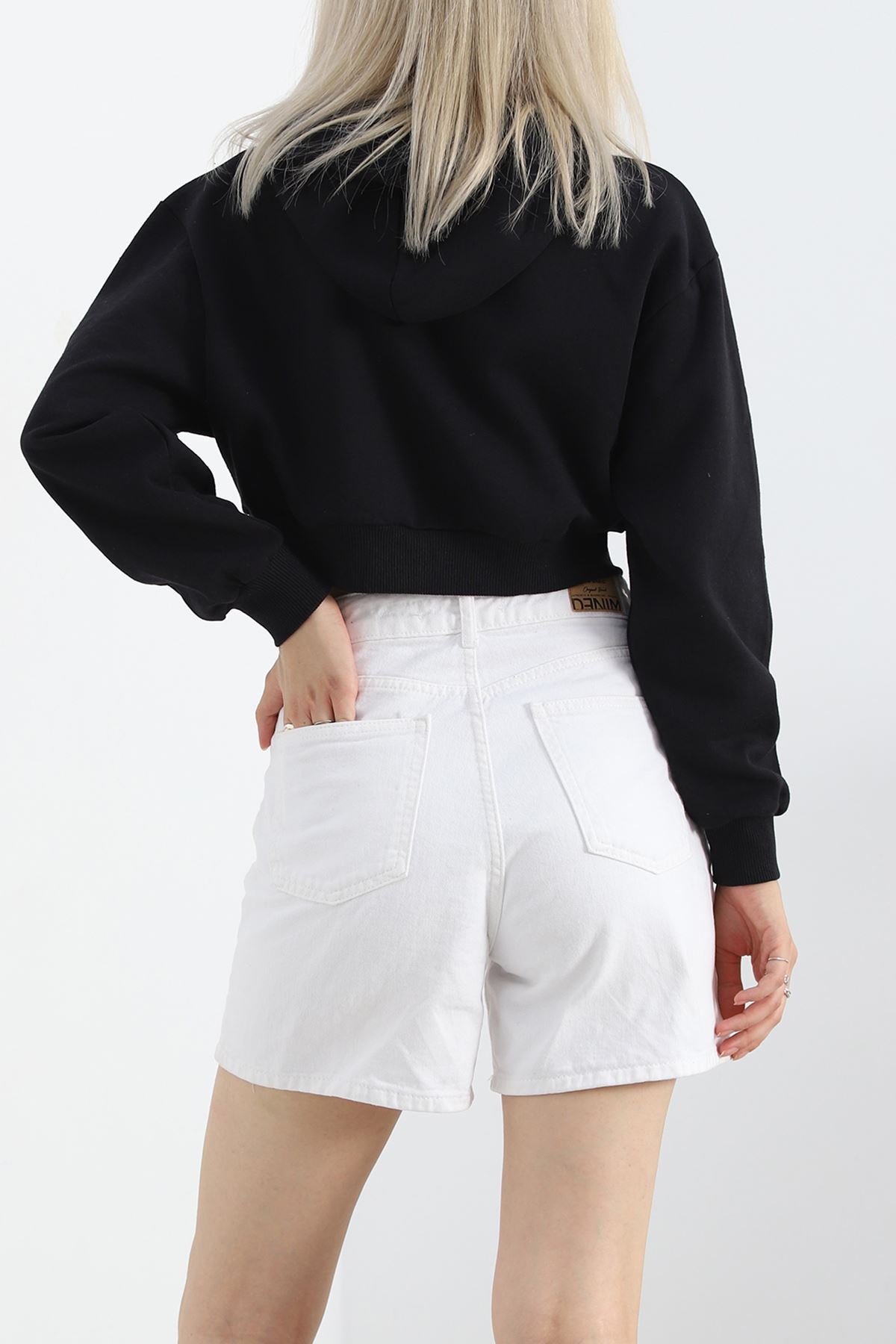 Şardonlu Oversize Crop Sweat Siyah