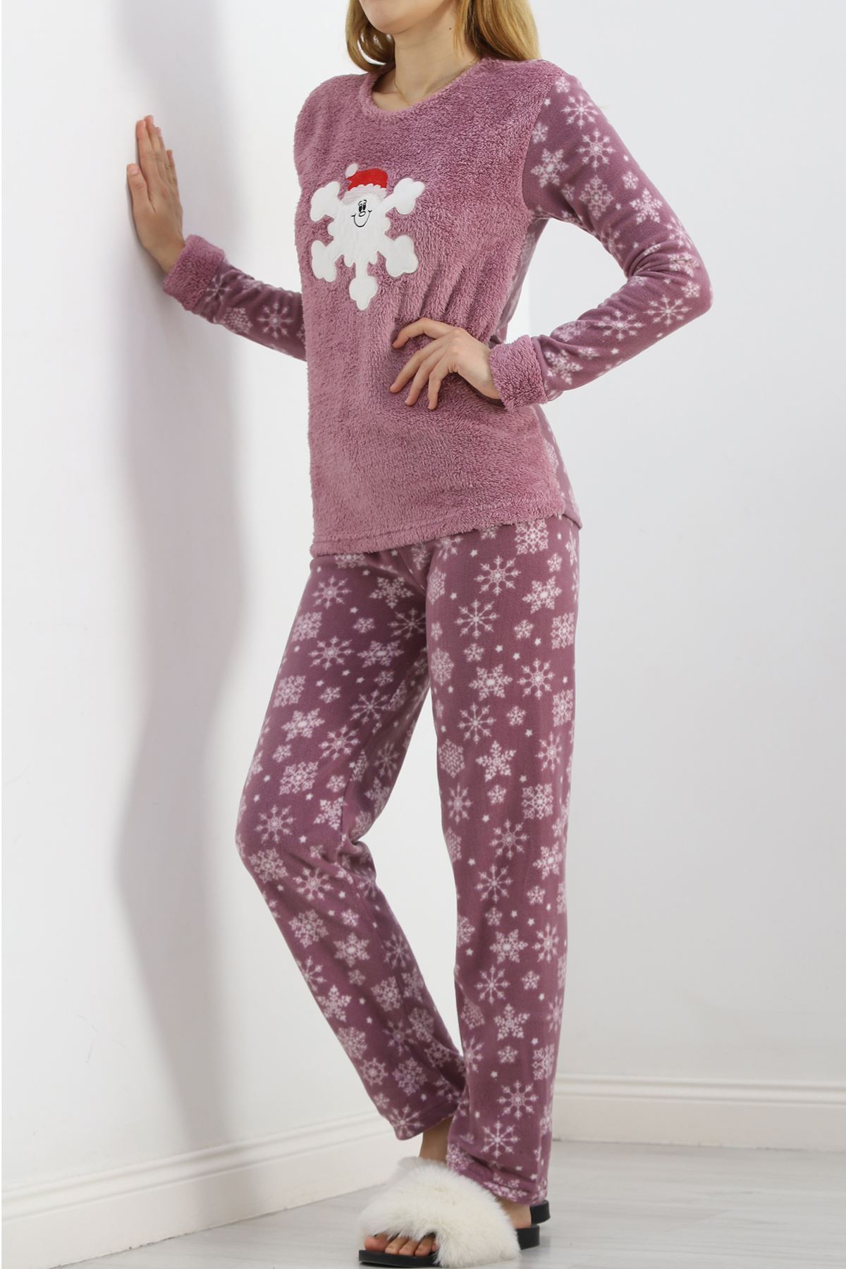 Peluş Polar Pijama Takımı Lilabeyaz