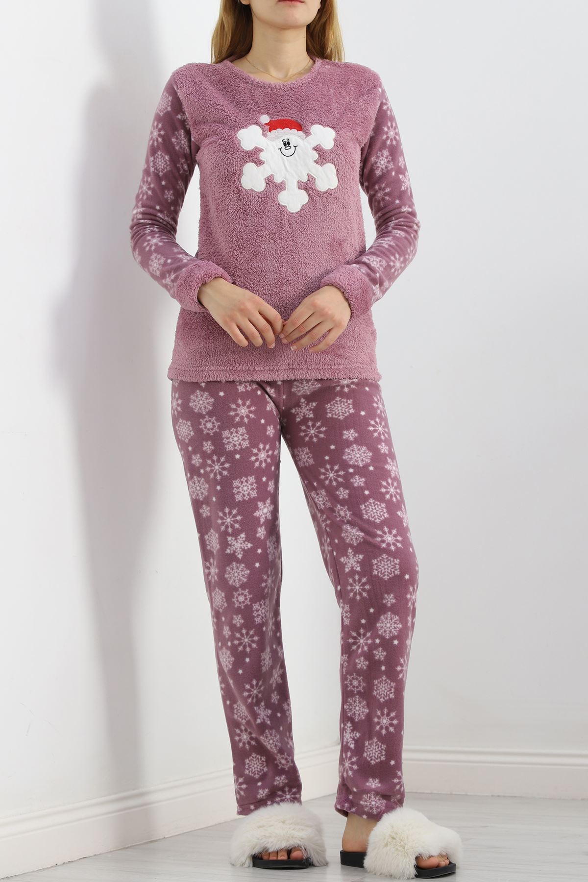 Peluş Polar Pijama Takımı Lilabeyaz