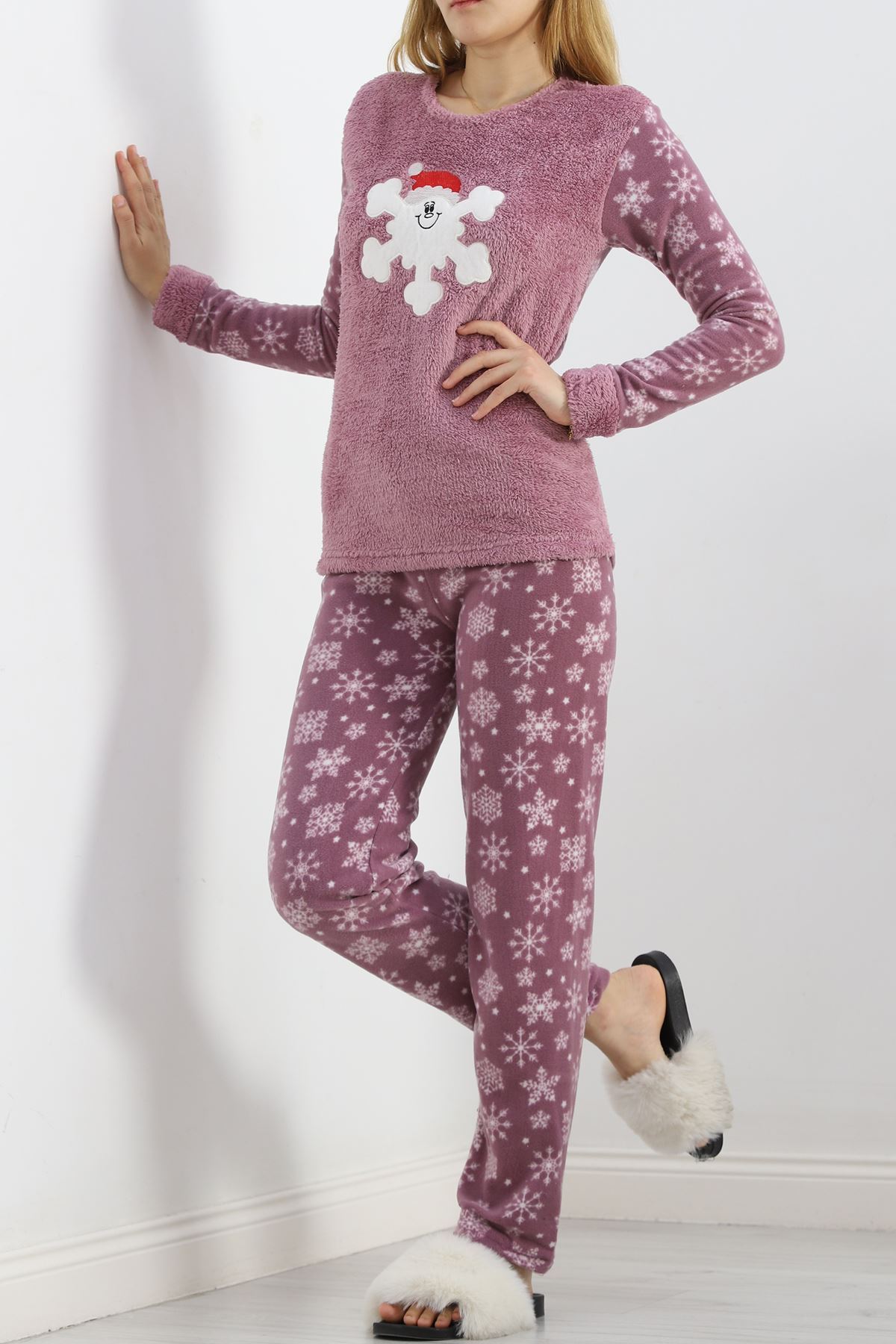 Peluş Polar Pijama Takımı Lilabeyaz