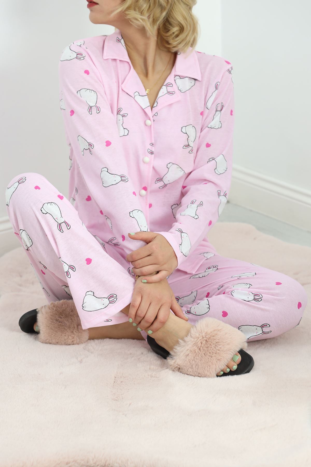 Önü Düğmeli Pijama Takımı Tozpembe