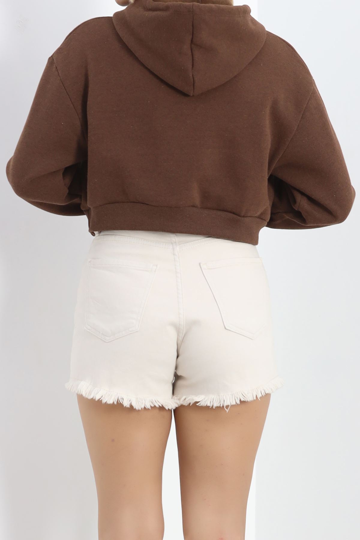 Şardonlu Oversize Crop Sweat Kahve