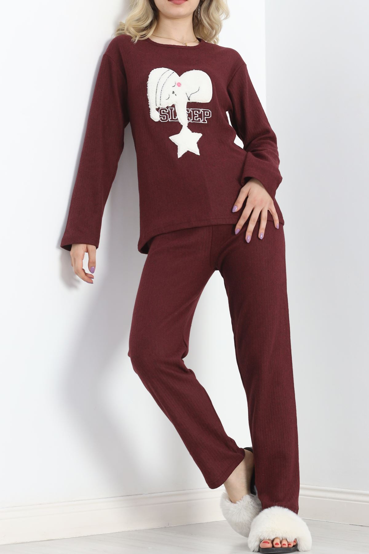 Nakışlı Fitilli Pijama Takımı Bordo