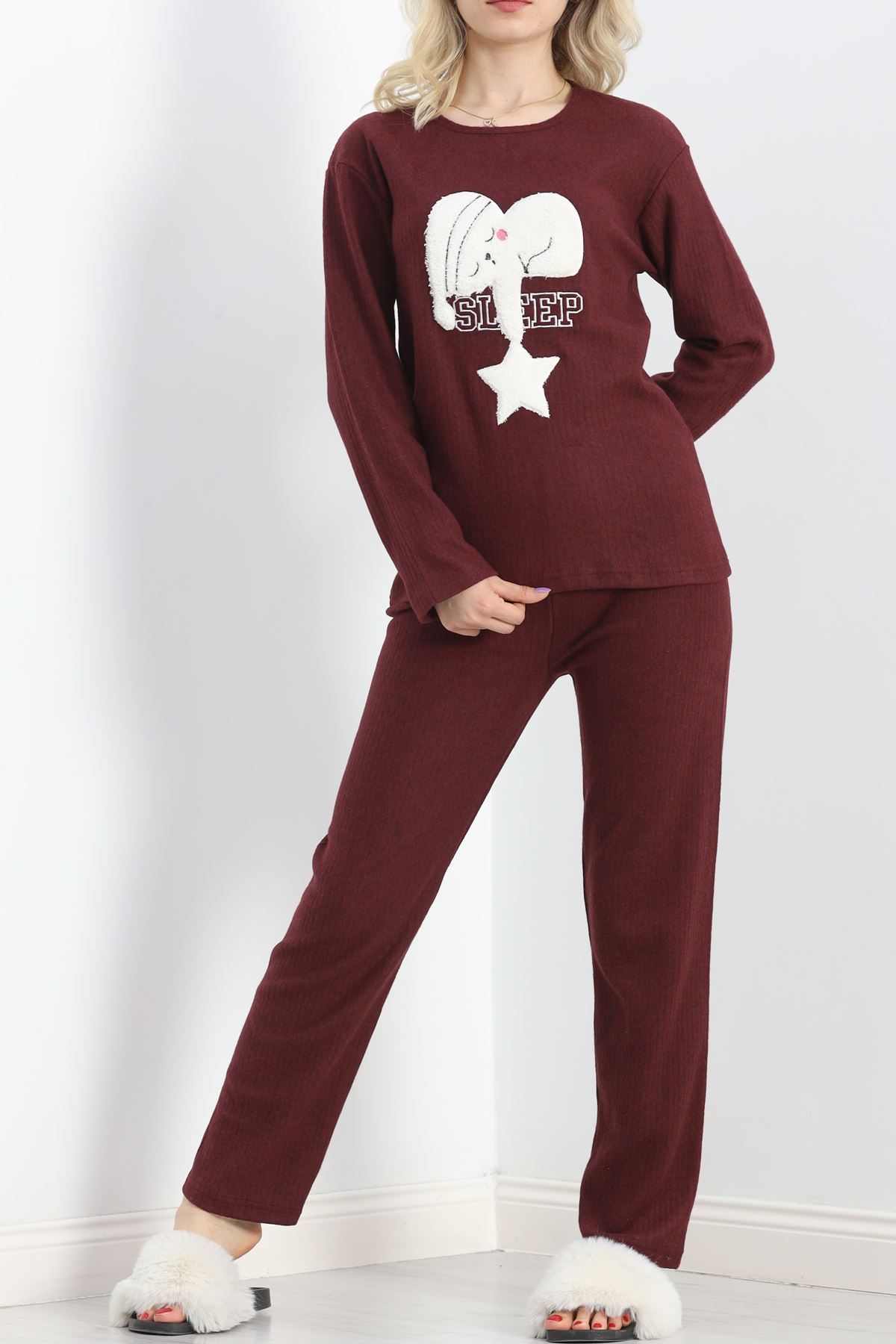 Nakışlı Fitilli Pijama Takımı Bordo