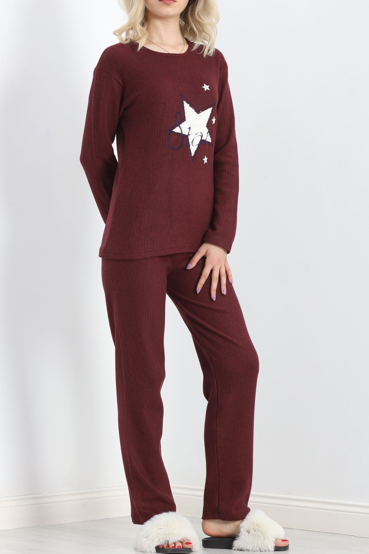 Nakışlı Fitilli Pijama Takımı Bordo1