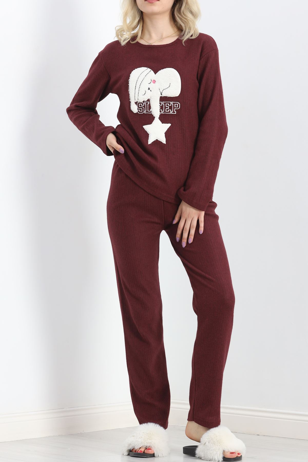 Nakışlı Fitilli Pijama Takımı Bordo