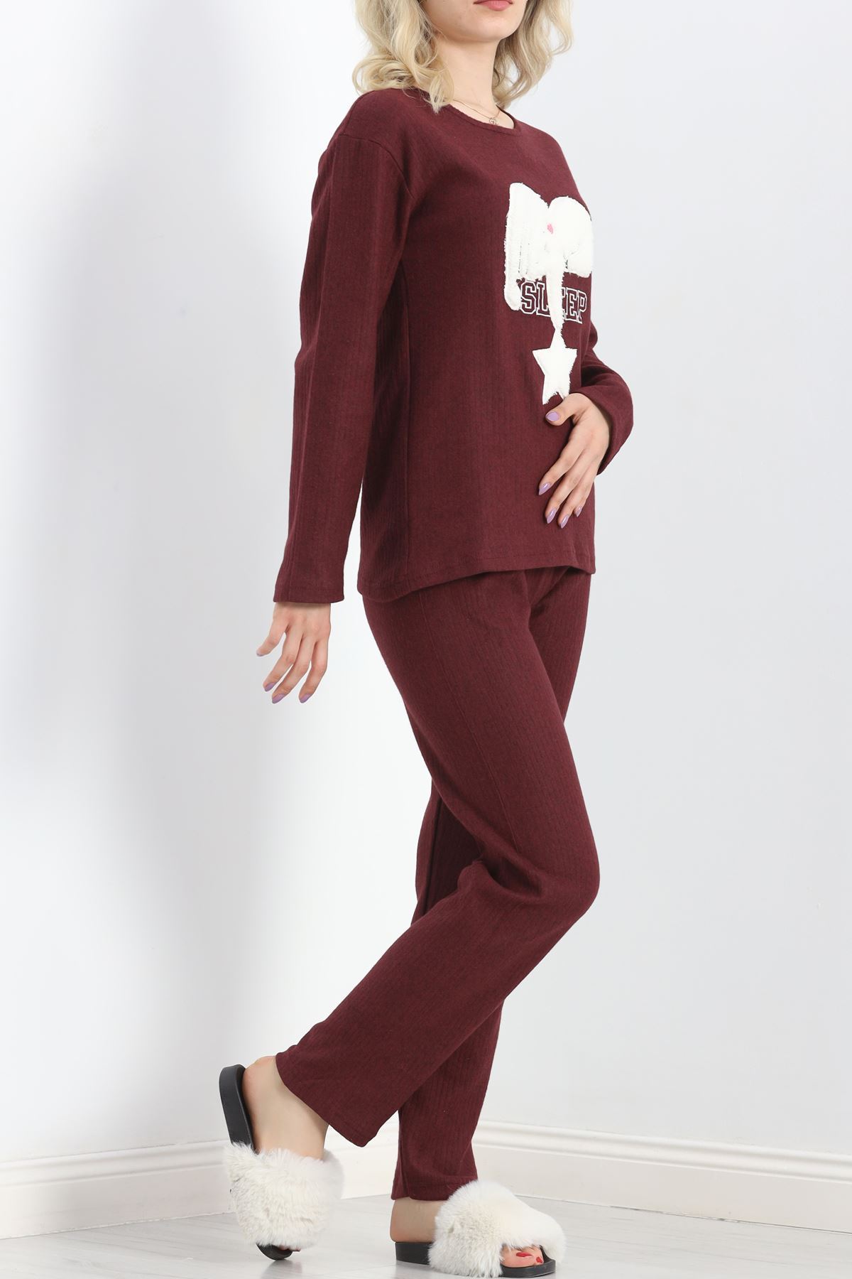 Nakışlı Fitilli Pijama Takımı Bordo