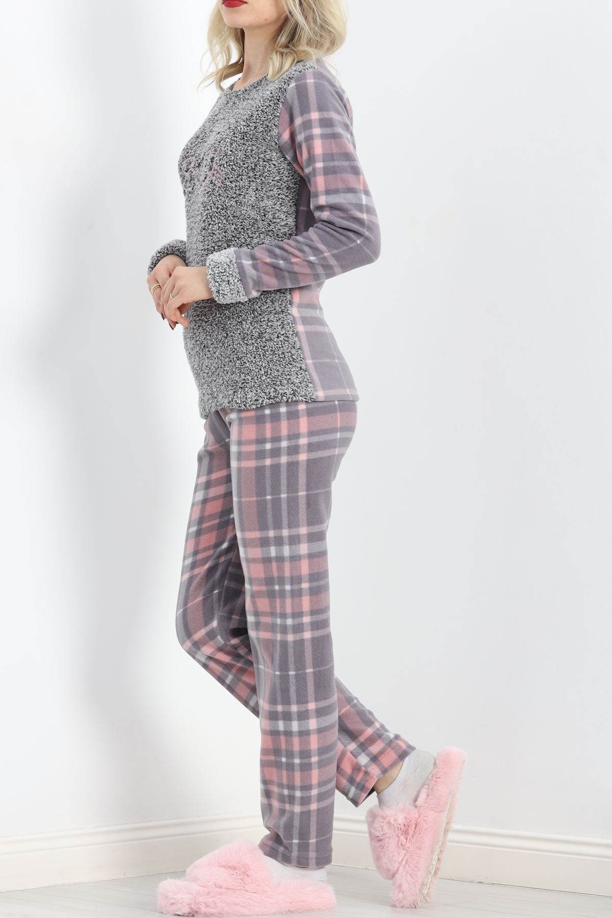 Peluş Polar Pijama Takımı Grikareli