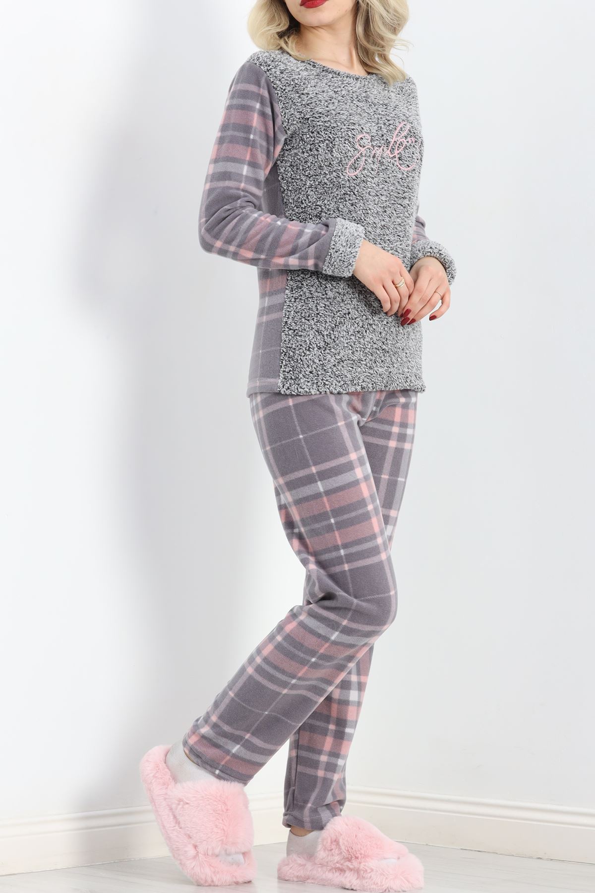 Peluş Polar Pijama Takımı Grikareli