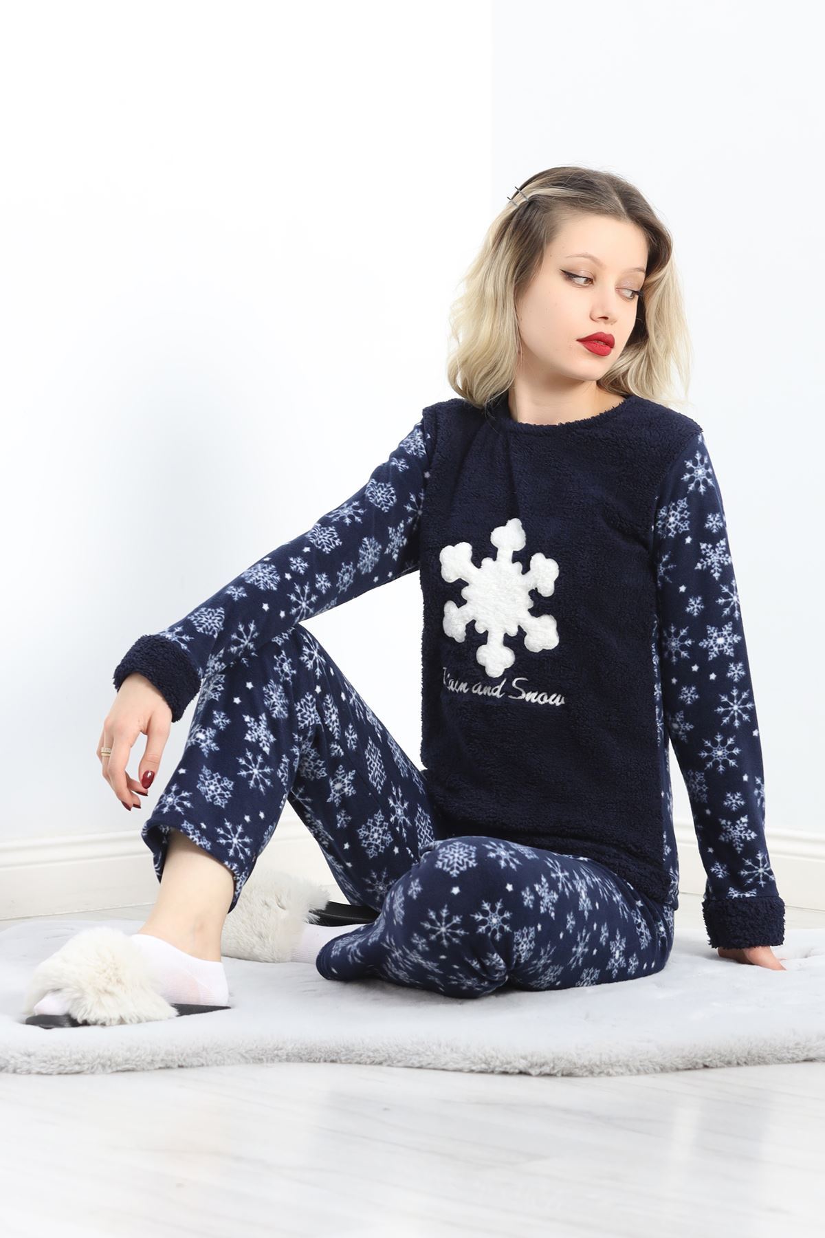 Peluş Polar Pijama Takımı Lacivertbeyaz